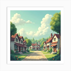 Peaceful Village Square Under A Soft, Cloudy Sky 1 Art Print