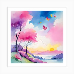 Butterfly And Cherry Blossoms Art Print