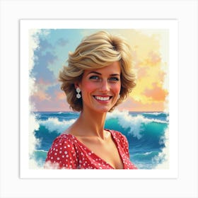 Smiling Princess Diana Against A Backdrop Of Colorful Watercolor Waves 1 Art Print