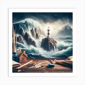 Lighthouse In The Storm Art Print