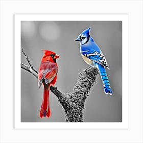 Blue And Red Cardinals Art Print