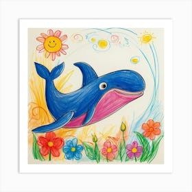 Whale With Flowers And Sun Art Print