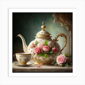 A very finely detailed Victorian style teapot with flowers, plants and roses in the center with a tea cup 10 Art Print