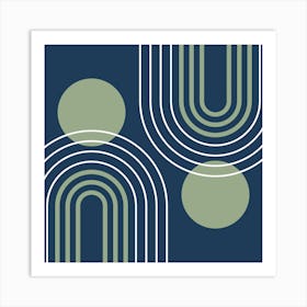 Mid Century Modern Geometric B21 In Navy Blue And Sage Green (Rainbow And Sun Abstract) 02 Art Print