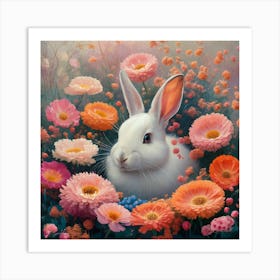 Enchanted Serenity A Vibrant Oil Painting Of A Rabbit Among Flowers (4) Art Print