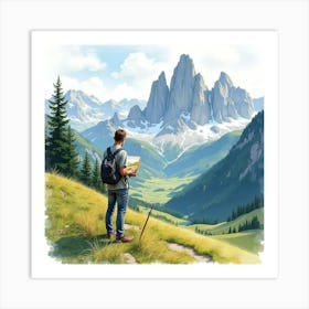 Watercolor Portrait Of An Italian Artist Painting The Stunning Dolomites Landscape Art Print