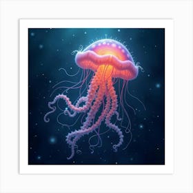 A Whimsical Jellyfish With Tendrils Of Glowing, Fractal Colors Drifting Through A Magical Sea Art Print