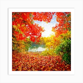 Autumnal Landscape Leaves In Vibrant Oranges Reds And Yellows Scattered Acorns Nestled Amidst Th (6) Art Print