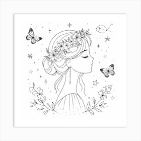 A Simple and Elegant Line Art Portrait of a Girl with Pearl Earrings and a Flower Crown, Surrounded by Butterflies and Stars Art Print