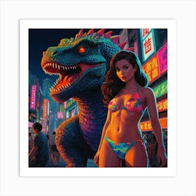 Retro Pop Godzilla with Brunette Art Print
