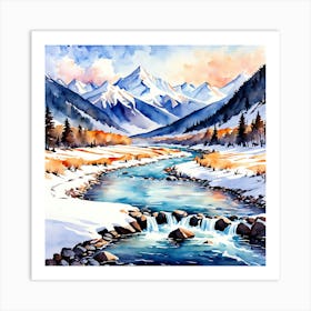 A Serene Watercolor Of A Snowy Mountain Range And A Flowing River 154038090 (1) Art Print