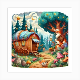 Playful Cartoon Style Illustration Of A Whimsical Caravan Journey Through A Magical Forest, Style Cartoon Illustration 2 Art Print