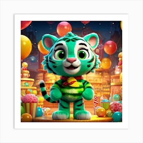 Charming Green Tiger With Yellow Eyes Exuberant In A Candy Store 3d Animated Character Embodying Art Print