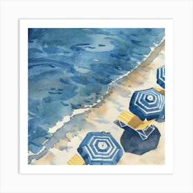 Blue Umbrellas On The Beach 3 Art Print