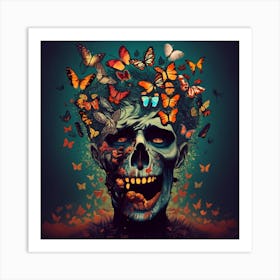 Zombie Skull With Butterflies Art Print