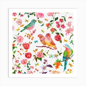 Parrots And Roses Art Print