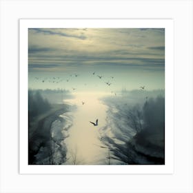 Flight Over Silent River At Dawn Art Print