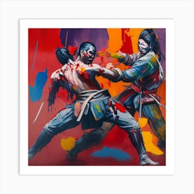 Olpntng Style Samurai Fighting One Another Bloodied And Bruised With Ground On Alight Oil Painting 818265913 Art Print