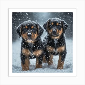 Two Puppies In The Snow Art Print