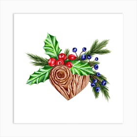 Wooden Heart with Pine Branches, Berries and Mistletoe Art Print