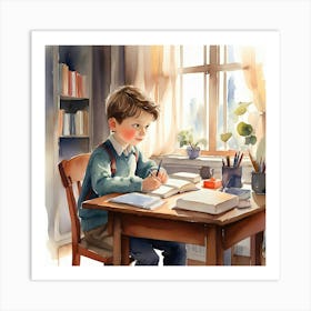 Boy Sitting At Desk Art Print