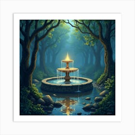 An Enchanted Fountain With Glowing Water In A Forest 1 Art Print