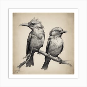 Two Birds Perched On A Branch Art Print