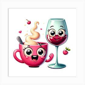 Cute Cartoon Coffee And Wine Art Print