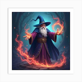 A Powerful Wizard Casting A Spell With Swirling, Colorful Magic 1 Art Print