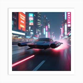 Futuristic Flying Car With Aerodynamic Wings, Zooming Through A Neon Lit City 1 Art Print