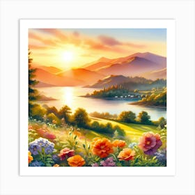 Sunset With Flowers Art Print