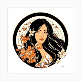 Black, White And Orange Illustration Of A Beauty In A Circle With Flower Decoration Art Print