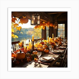 Autumn Table Decor Sprawling Across A Rustic Wooden Table Scattered Bright Orange Pumpkins Accompan Art Print