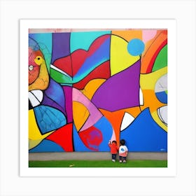 Two Children In Front Of A Colorful Mural Art Print