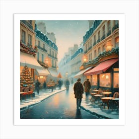 Paris cafes, winter season, Christmas, pale colors, pedestrians in the street, winter clothes, falling snow.2 2 Art Print