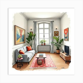 Watercolor Of A French Bohemian Apartment With Eclectic Decor And Art 1 Art Print