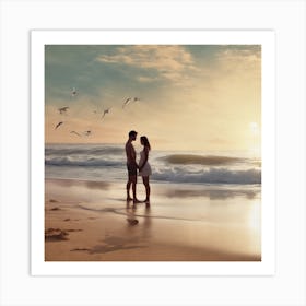 Couple On The Beach At Sunset 1 Art Print