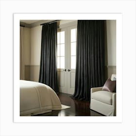 A Serene Main Bedroom Suite With Floor To Ceiling, Rich Black Curtains Adorned With Subtle, Intricate Patterning, Beautifully Draped In A Flowing, Smooth Fold, Blending Seamlessly 3 Art Print