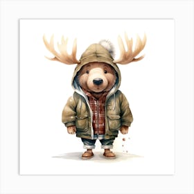 Watercolour Cartoon Moose In A Hoodie 2 Art Print