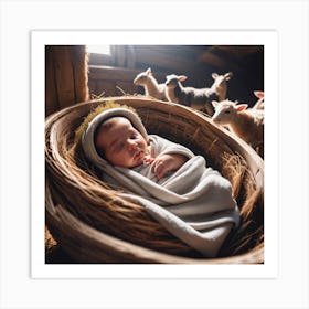 Beautiful baby in a barn with animals  Art Print