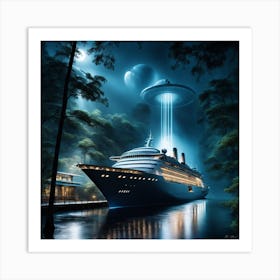 Alien Spacecraft Landed In A Moonlit Forest On A Rainy Night Glowing Interior Lighting Up The Misty Art Print