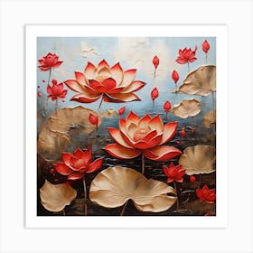 Pattern with red Lotus flowers Art Print