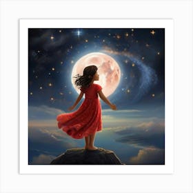 Little Girl Looking At The Moon Art Print