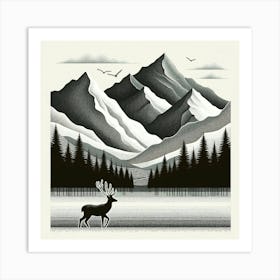 "Monochrome Wilderness"   Majestic mountains tower over a serene pine forest, with a solitary stag silhouetted against the wilderness. This piece uses a rich array of textures to bring the calmness and grandeur of the natural world to life, while birds in flight add a dynamic element to the composed landscape. It's a celebration of wildlife and untouched vistas, rendered in a timeless black and white style. Art Print
