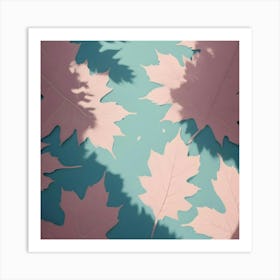 Flat Lay Of Pink Paper Maple Leaves With Their Shadows Cast On A Teal Background, Creating A Simple And Visually Appealing Composition Art Print