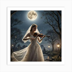 Bride Playing Violin At Night Art Print