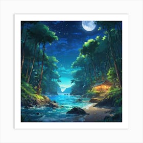 Tranquil Nighttime Scene at a Secluded Forest Cabin by a Stream Under Moonlight Art Print