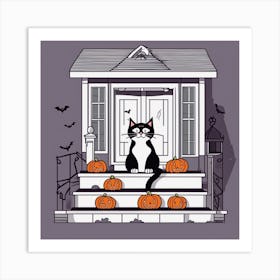 Halloween Cat On Porch Art Print