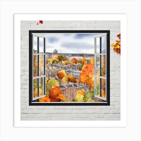 Open Window Window View Of Dublin Ireland In Autumn Fall, Watercolor Art Print Art Print