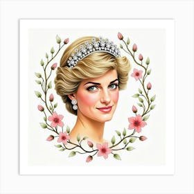 Watercolor Portrait Of Princess Diana Surrounded By Blooming Vines 1 Art Print